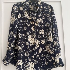 Theory Floral Button Down Shirt in Navy and Cream - Size Small